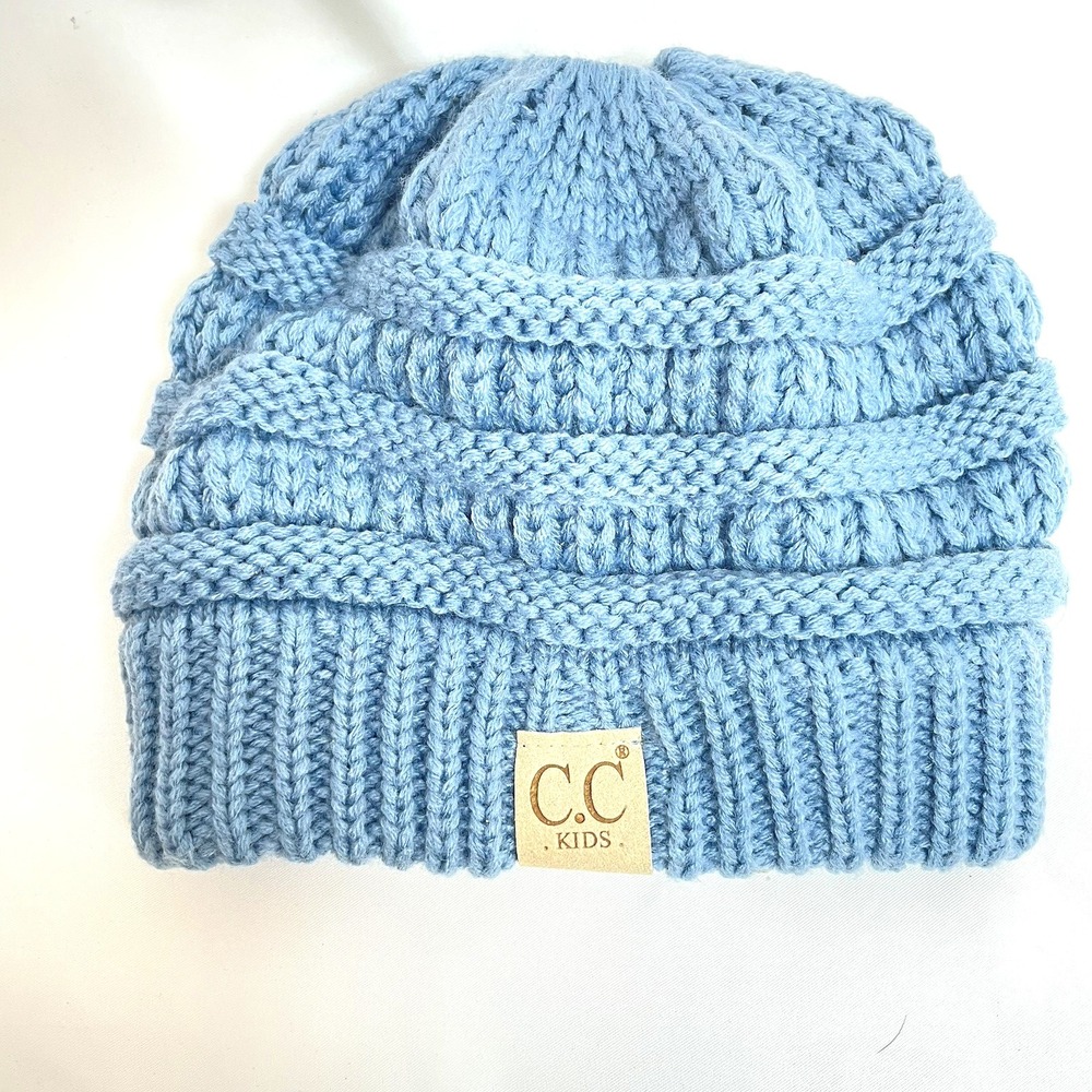 C.C. Kids BeanieTail Soft Stretch CC Cable Knit Beanie High Bun Ponytail Hat Cap
